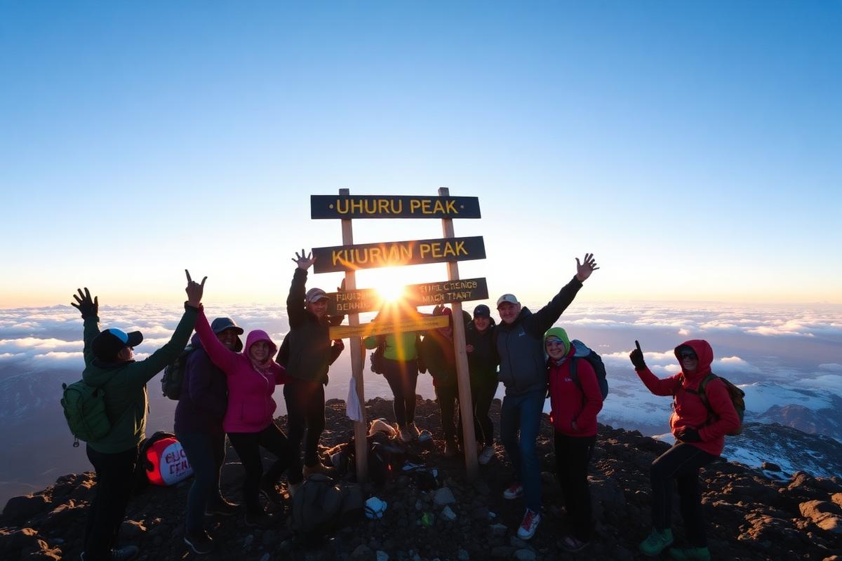 Trekkers celebrating at Uhuru Peak summit