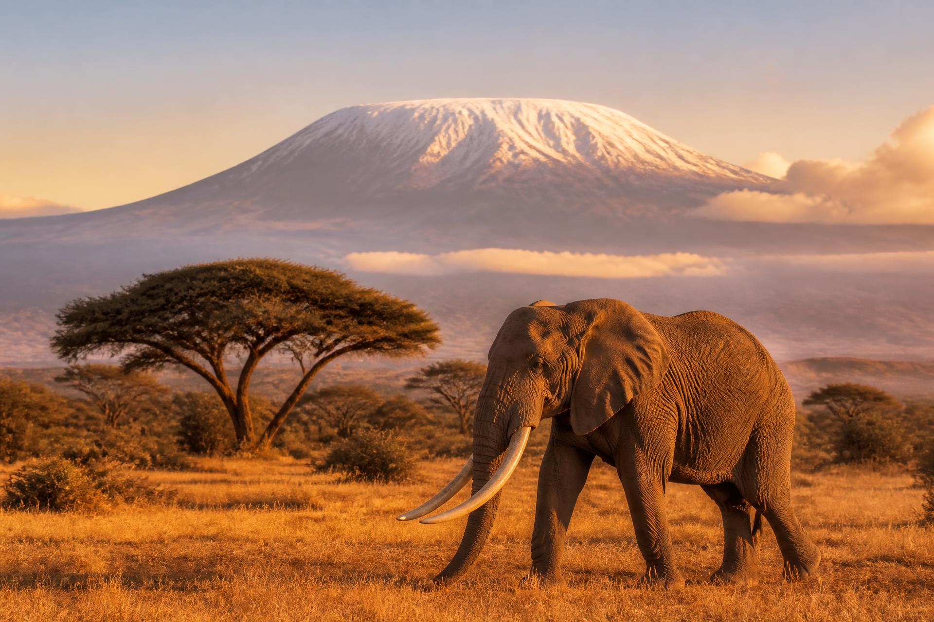 Kilimanjaro sunrise with elephant